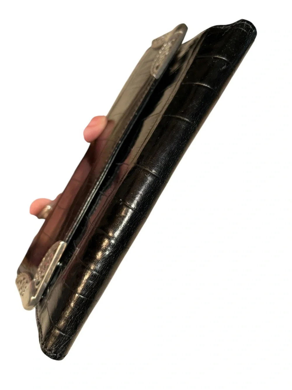 Brighton Black Croc-Embossed Wallet with Silver Corner Accents